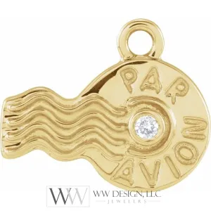 .01 CT Natural Diamond Par Avion Stamp Dangle Charm - 14k Gold (Y, W, R)