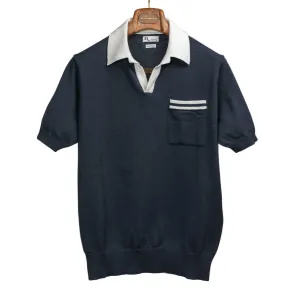 Aavio knit short sleeve polo in navy cotton with cream stripes