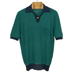 AAvio short sleeve waffle knit polo shirt in green cotton with navy edges