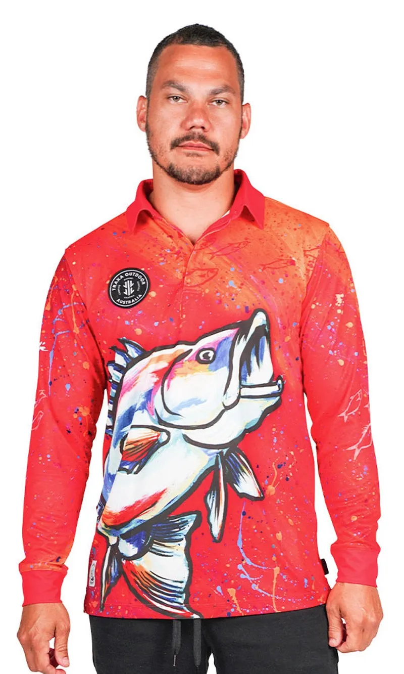 Aboriginal Art Unisex Long Sleeve Polo Barramundi Dreams Bright