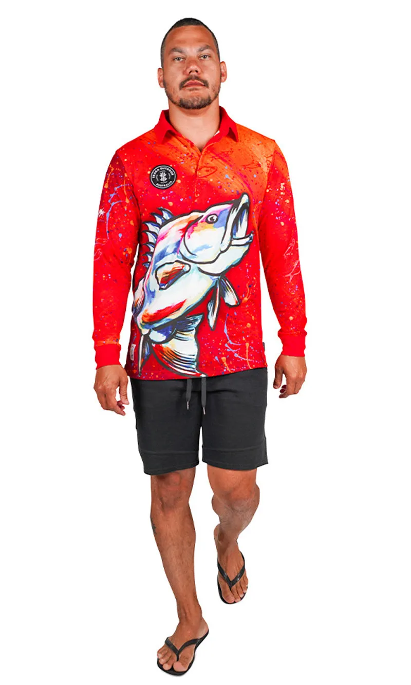 Aboriginal Art Unisex Long Sleeve Polo Barramundi Dreams Bright
