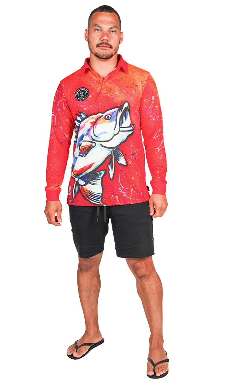Aboriginal Art Unisex Long Sleeve Polo Barramundi Dreams Bright