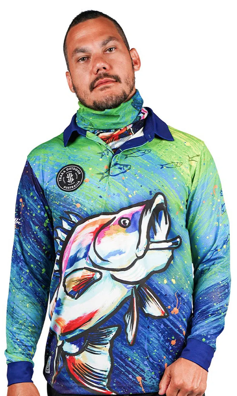 Aboriginal Art Unisex Long Sleeve Polo Barramundi Dreams Green
