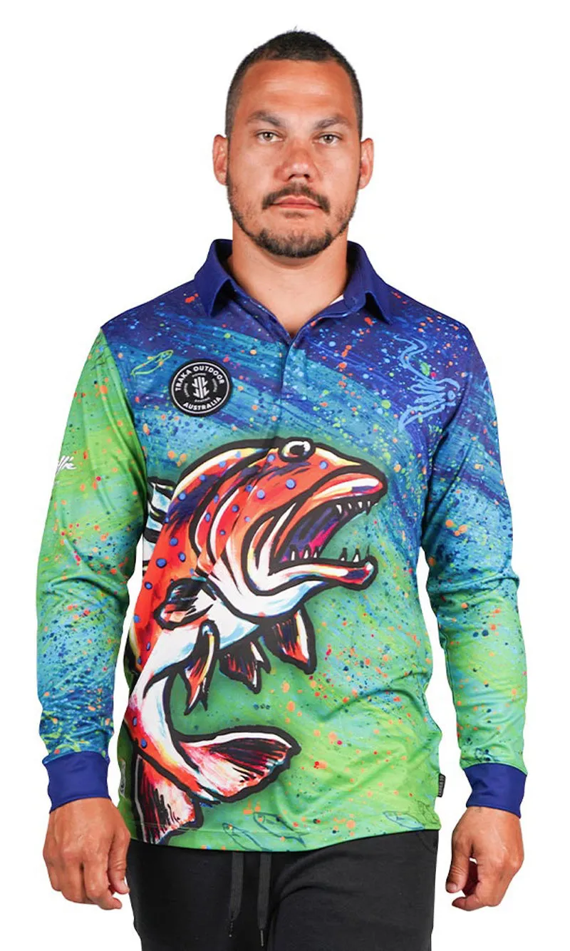 Aboriginal Art Unisex Long Sleeve Polo Barramundi Dreams Green