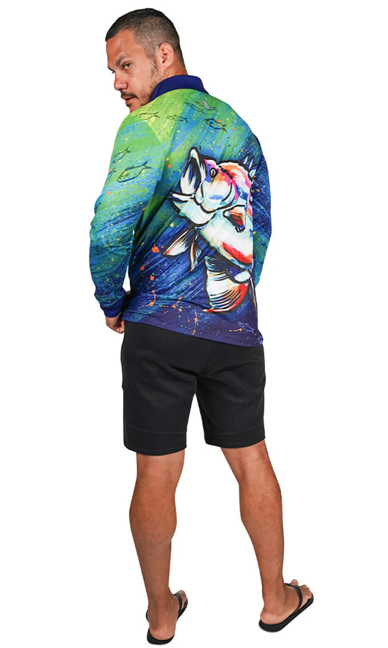 Aboriginal Art Unisex Long Sleeve Polo Barramundi Dreams Green