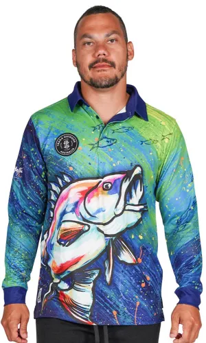 Aboriginal Art Unisex Long Sleeve Polo Barramundi Dreams Green