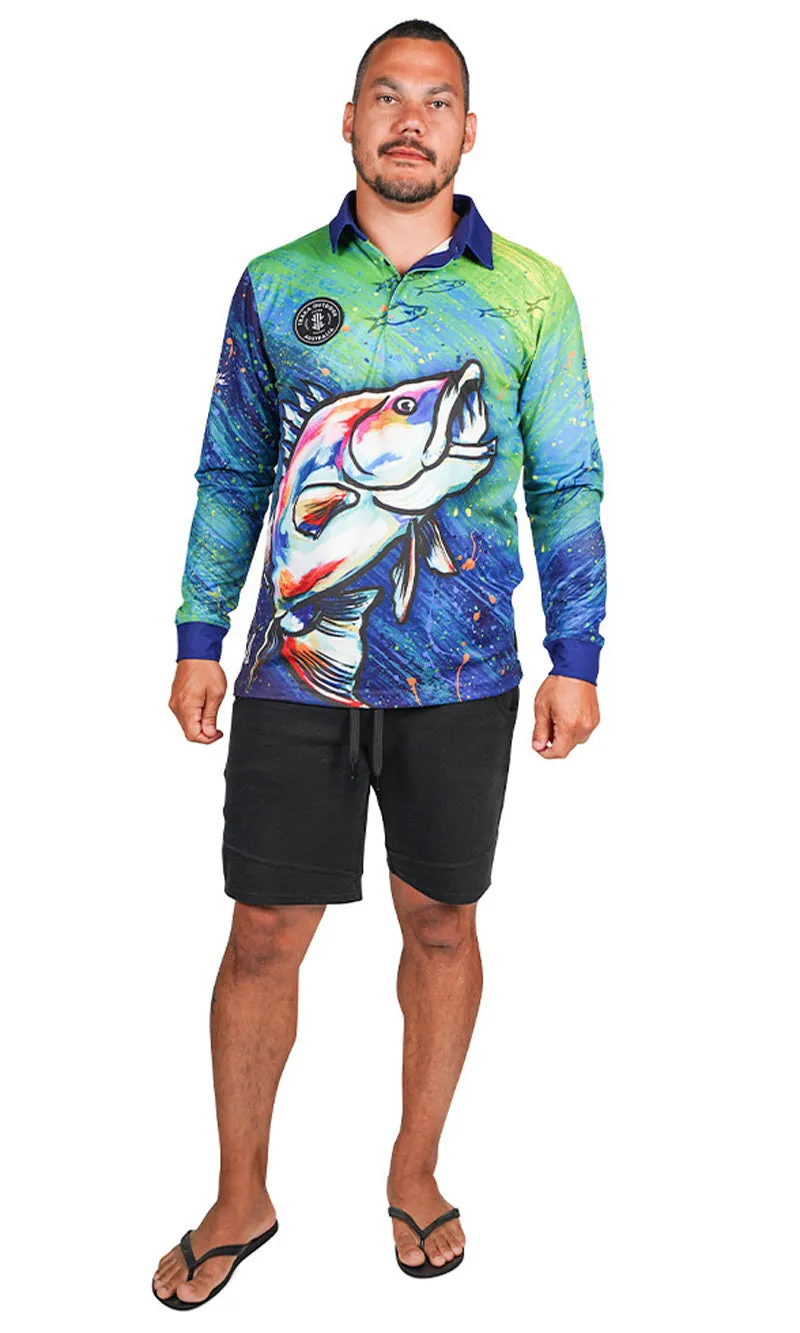 Aboriginal Art Unisex Long Sleeve Polo Barramundi Dreams Green