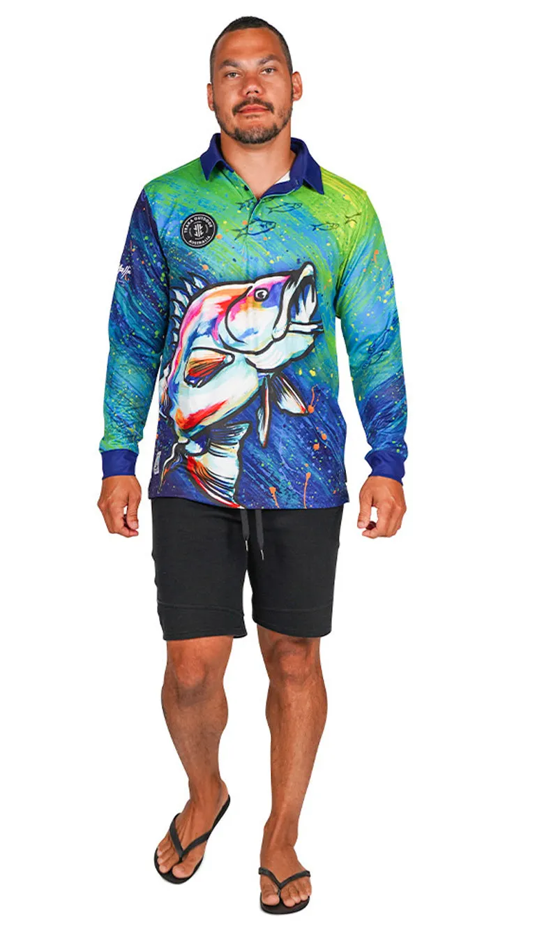 Aboriginal Art Unisex Long Sleeve Polo Barramundi Dreams Green