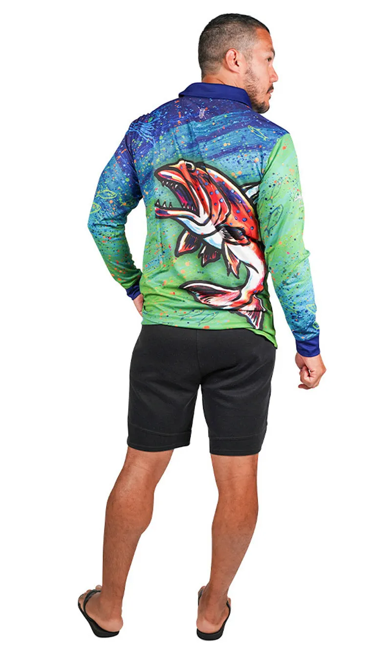 Aboriginal Art Unisex Long Sleeve Polo Barramundi Dreams Green