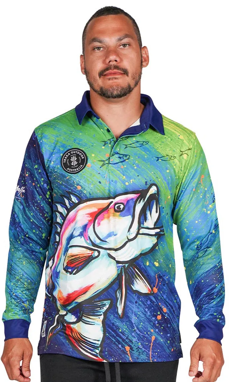 Aboriginal Art Unisex Long Sleeve Polo Barramundi Dreams Green
