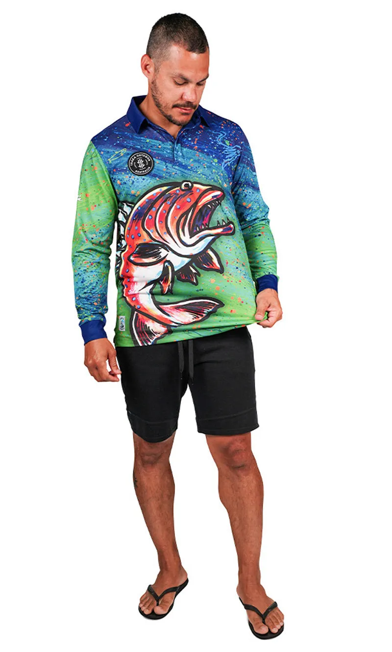 Aboriginal Art Unisex Long Sleeve Polo Barramundi Dreams Green