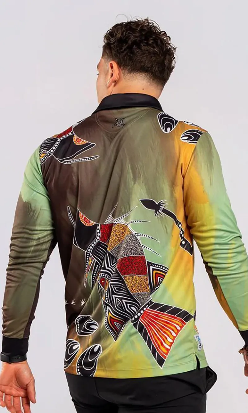 Aboriginal Art Unisex Long Sleeve Polo Barramundi Hunt