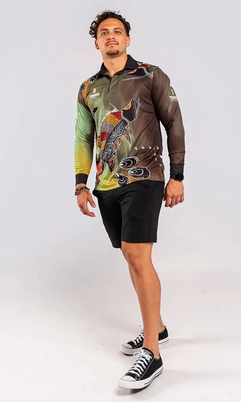 Aboriginal Art Unisex Long Sleeve Polo Barramundi Hunt