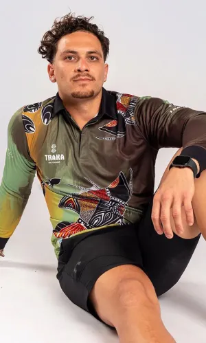 Aboriginal Art Unisex Long Sleeve Polo Barramundi Hunt