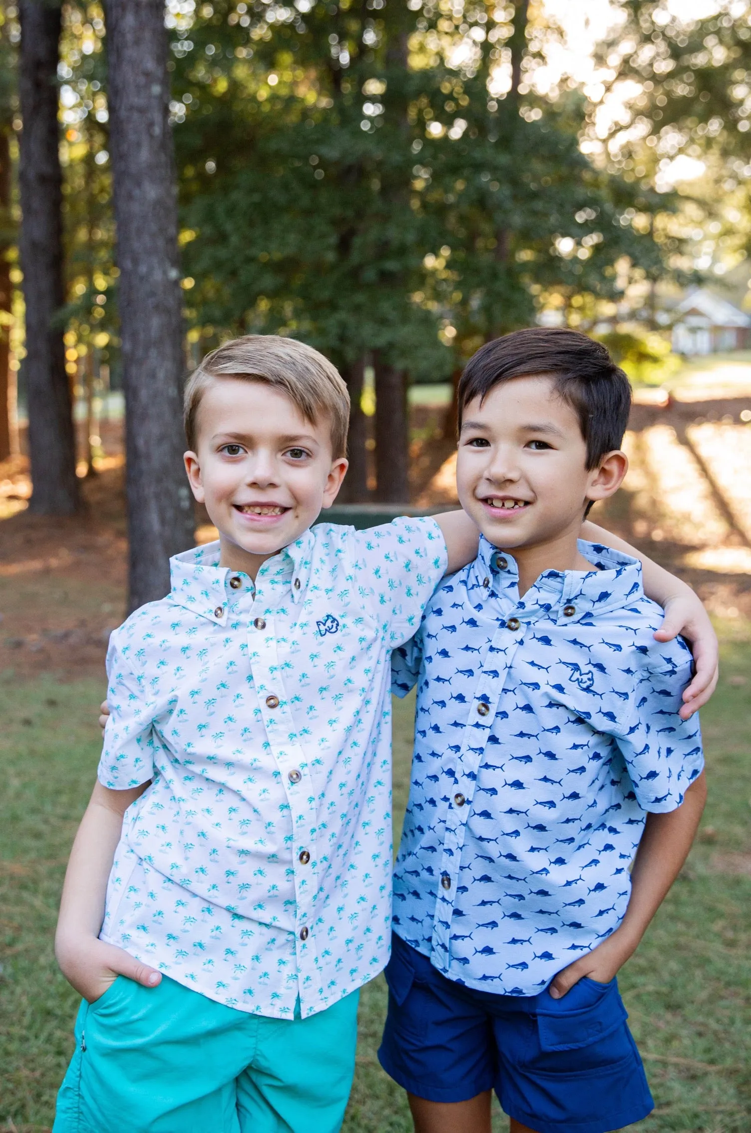 Boys' Short Sleeve Fishing Shirt in Palm Tree Print on White