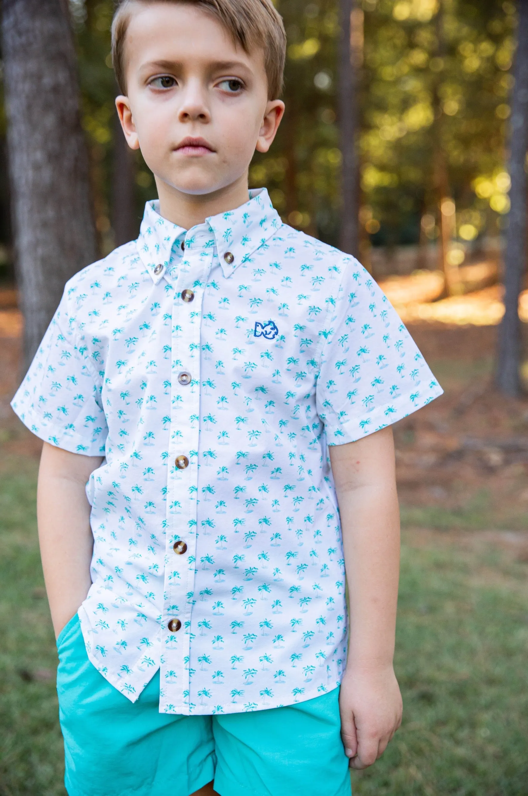Boys' Short Sleeve Fishing Shirt in Palm Tree Print on White