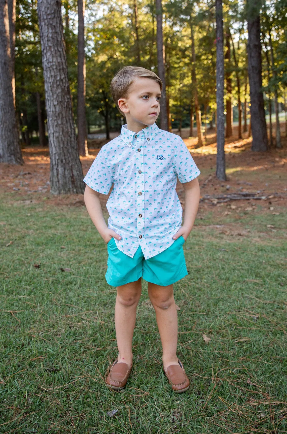 Boys' Short Sleeve Fishing Shirt in Palm Tree Print on White