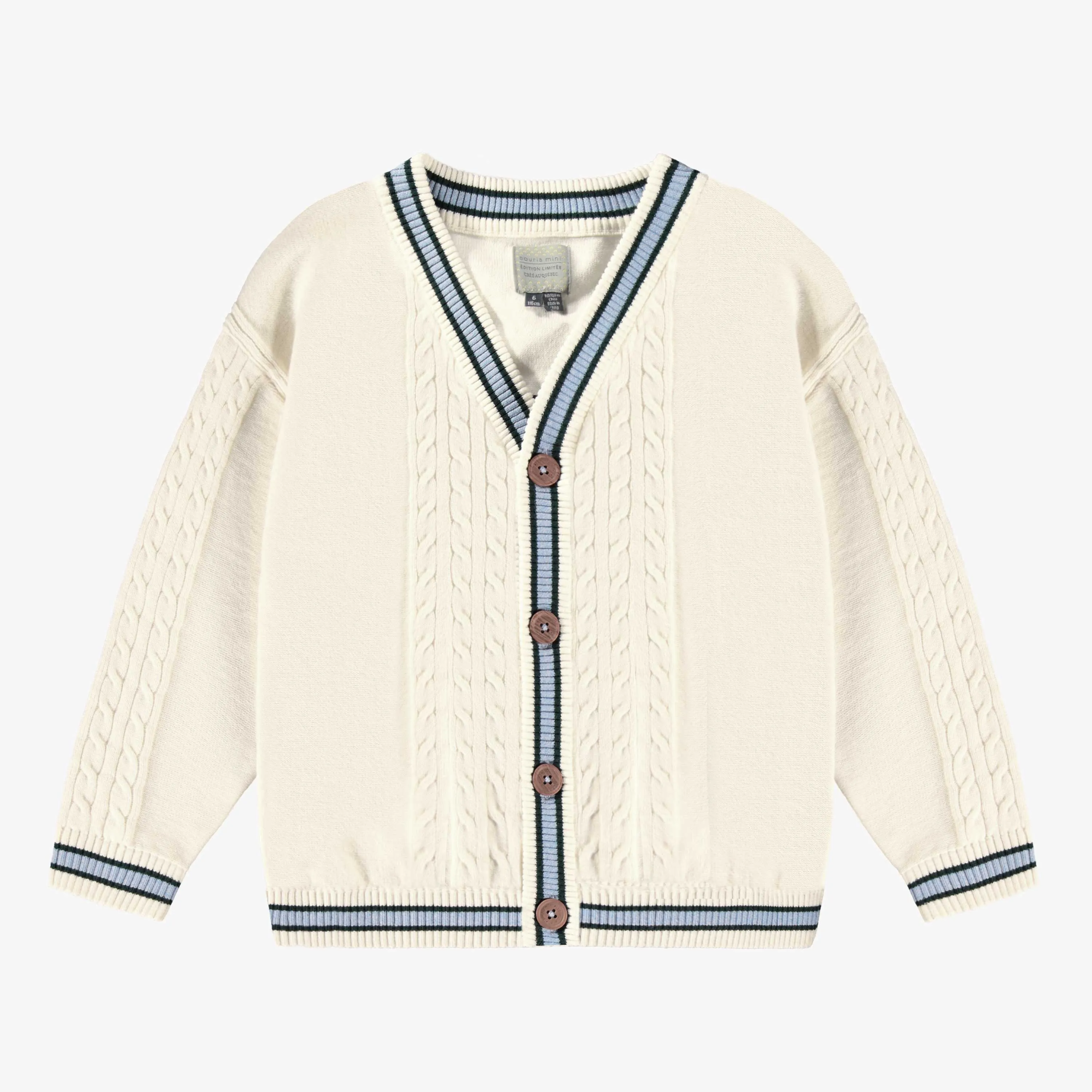 Cardigan en tricot crème avec torsades verticales, enfant || Cream knit cardigan with vertical twists, child