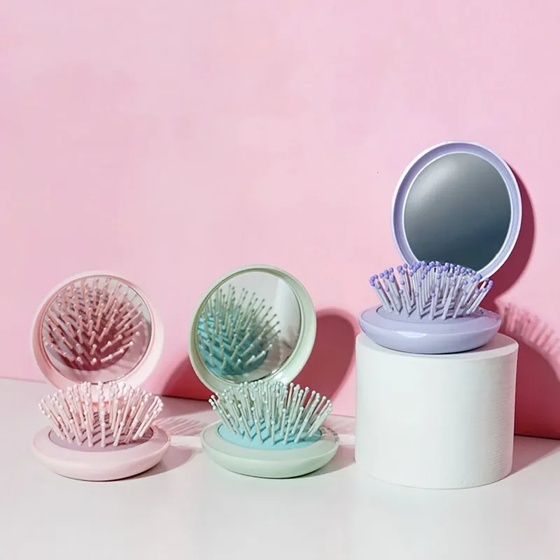 Compact Folding Travel Mirror with Hair Brushes