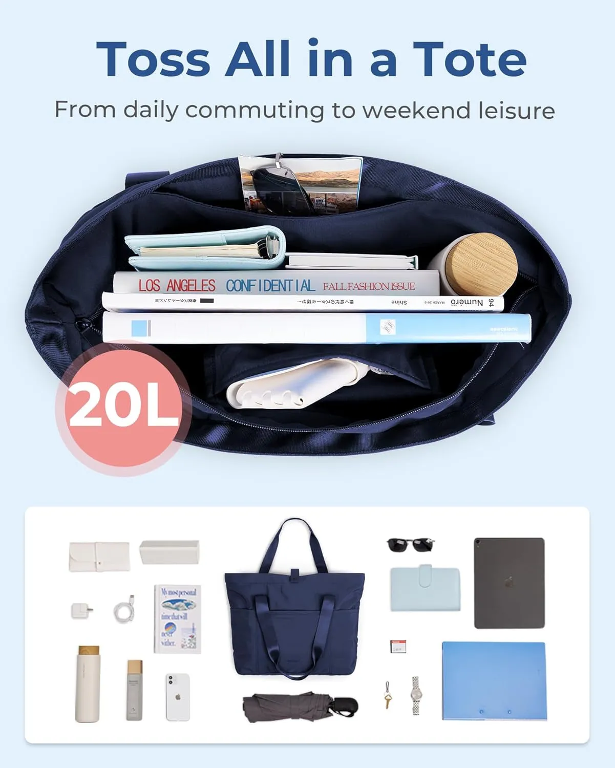 Foldable Tote Bag, Shoulder Bag for Women With Zipper & Top Handle for Travel Work