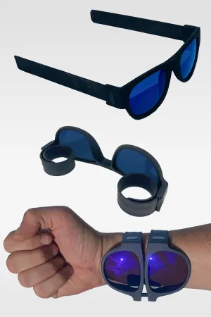 Folding Sunglasses with Slap Bracelet Arms - BLACK ARMS / REFLECTIVE LENSES