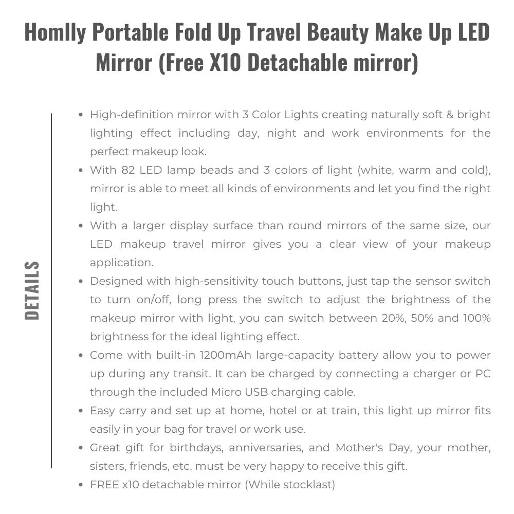 Homlly Portable Fold Up Travel Beauty Make Up LED Mirror (Free X10 Detachable mirror)