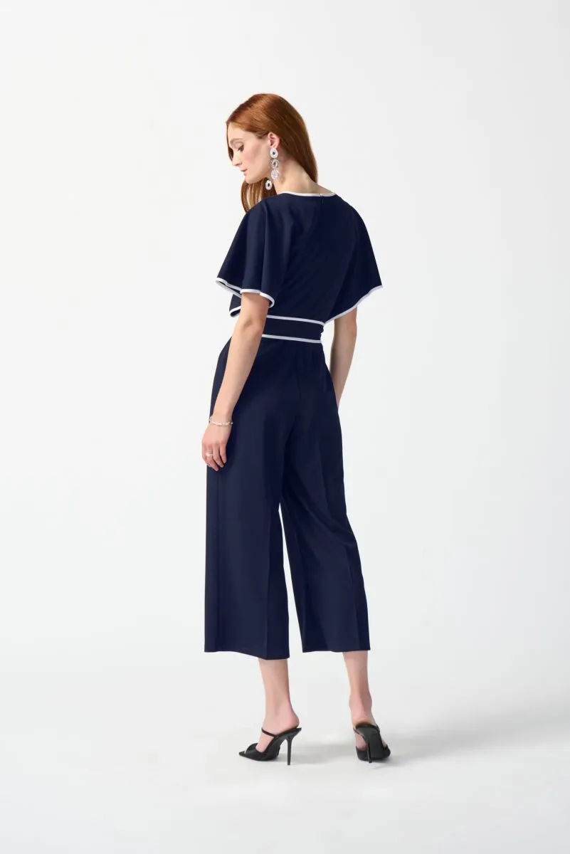 Joseph Ribkoff Contrast Trim Belted V-Neck Cropped Jumpsuit 242082