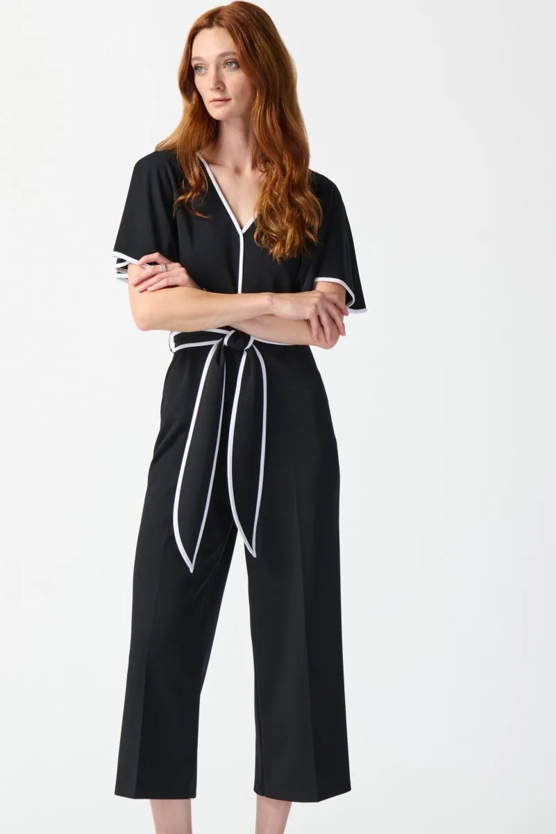 Joseph Ribkoff Contrast Trim Belted V-Neck Cropped Jumpsuit 242082