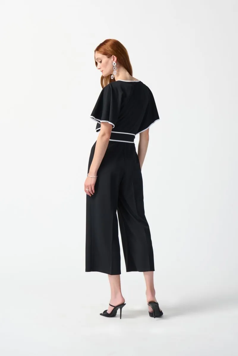 Joseph Ribkoff Contrast Trim Belted V-Neck Cropped Jumpsuit 242082