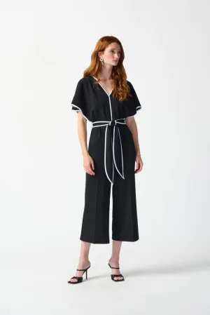 Joseph Ribkoff Contrast Trim Belted V-Neck Cropped Jumpsuit 242082