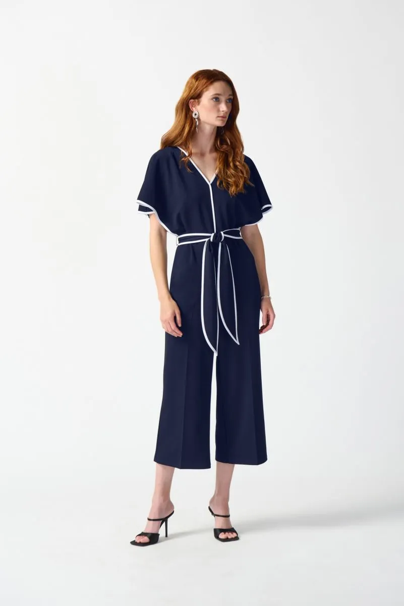 Joseph Ribkoff Contrast Trim Belted V-Neck Cropped Jumpsuit 242082