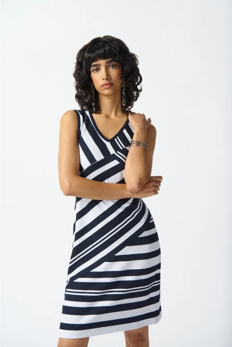 Joseph Ribkoff Midnight Blue/Off-White Striped V-Neck Sleeveless Sheath Dress 242077