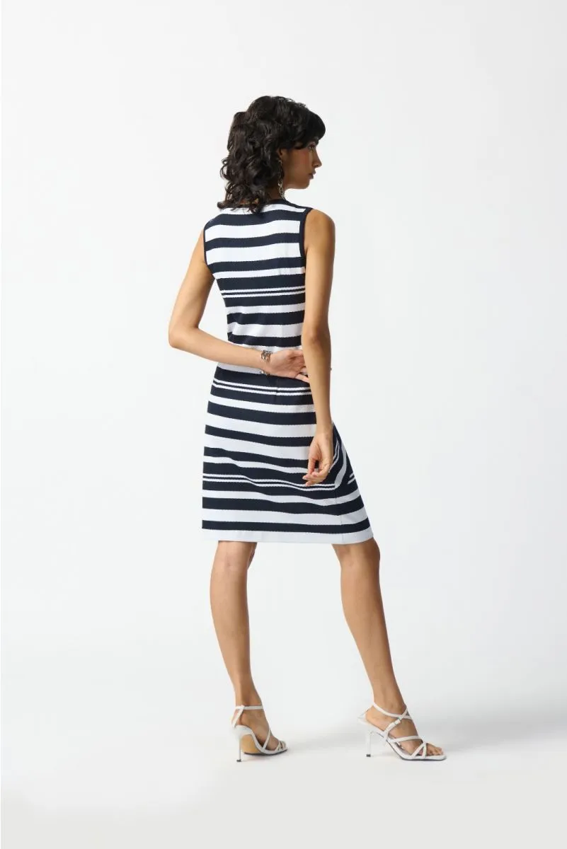 Joseph Ribkoff Midnight Blue/Off-White Striped V-Neck Sleeveless Sheath Dress 242077