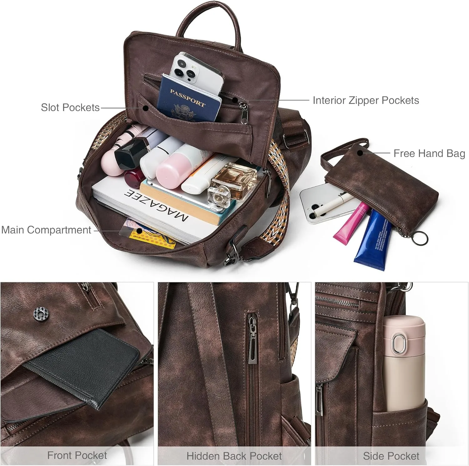 Leather Travel Backpack & Purse Set, Fashion Designer Shoulder Bag
