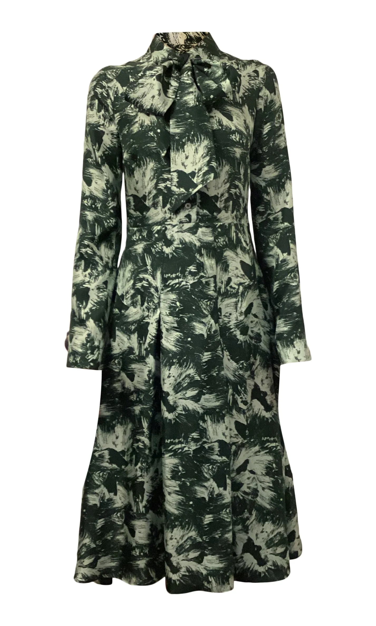 Long Sleeve Shirt Dress in  Green Abstract Fish Tail Silk