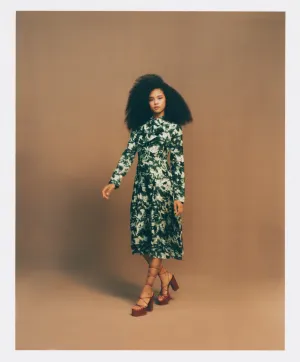 Long Sleeve Shirt Dress in  Green Abstract Fish Tail Silk