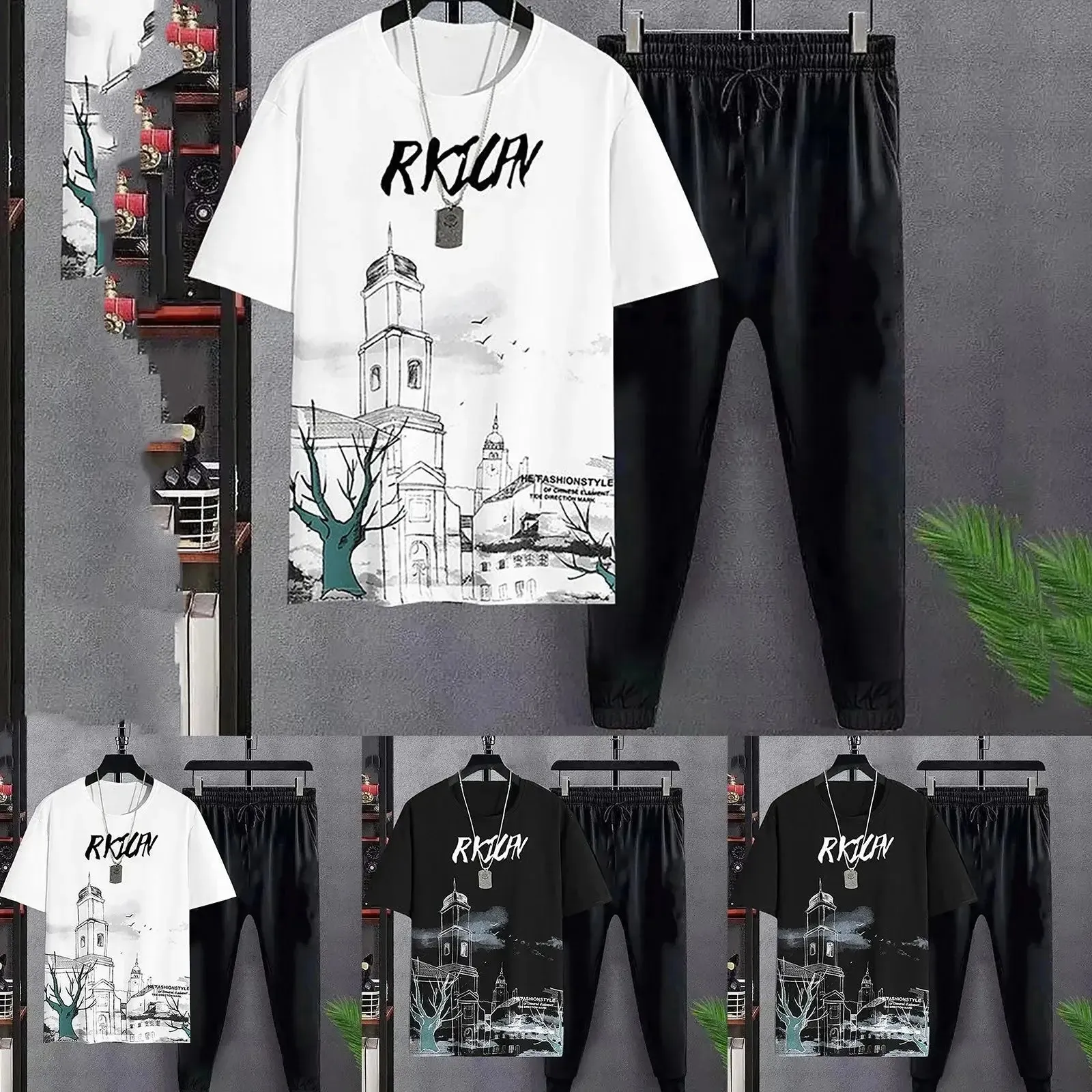 Men's Quick-Dry Sportswear Set, Breathable Short-Sleeve T-Shirt and Lightweight Trousers for Summer Training