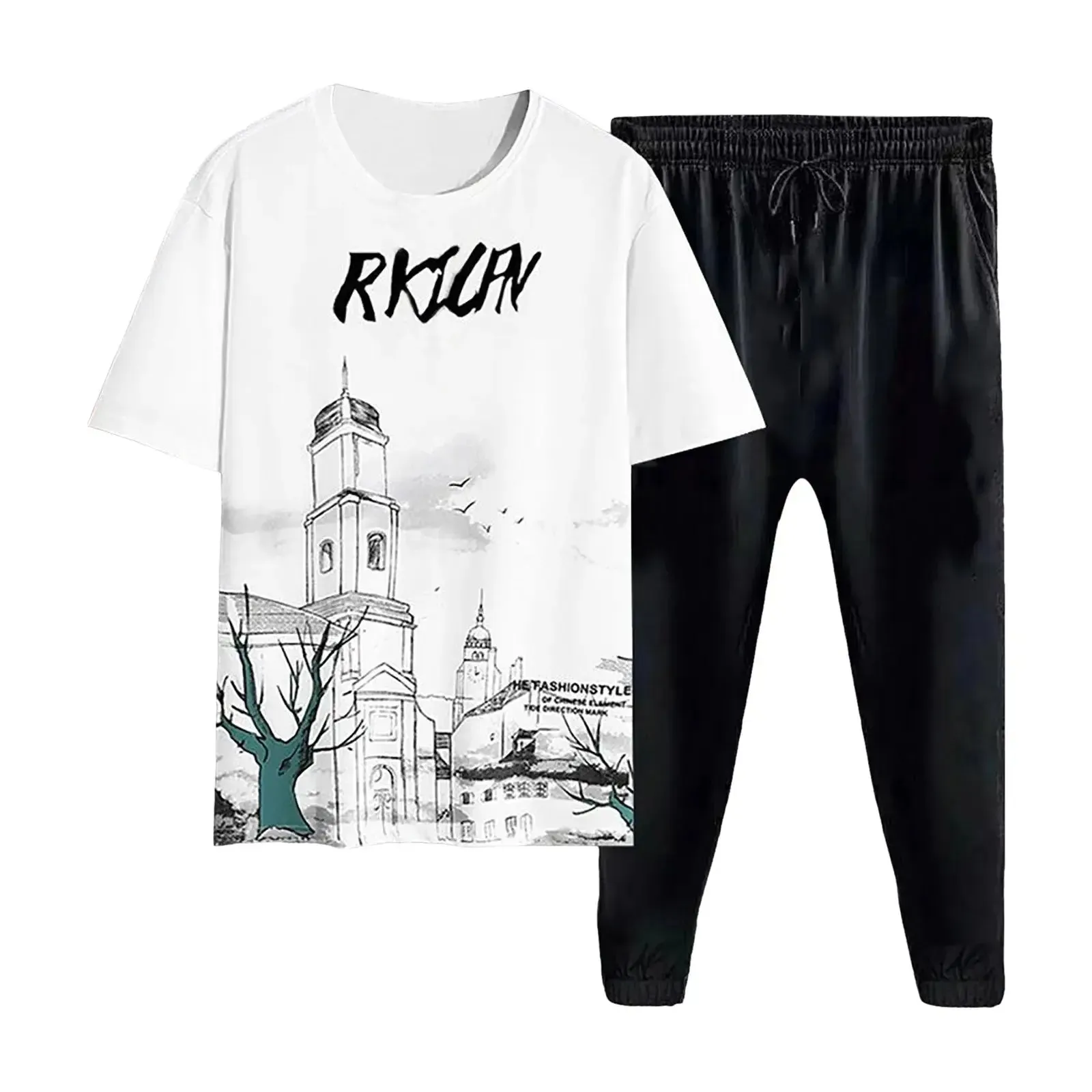 Men's Quick-Dry Sportswear Set, Breathable Short-Sleeve T-Shirt and Lightweight Trousers for Summer Training