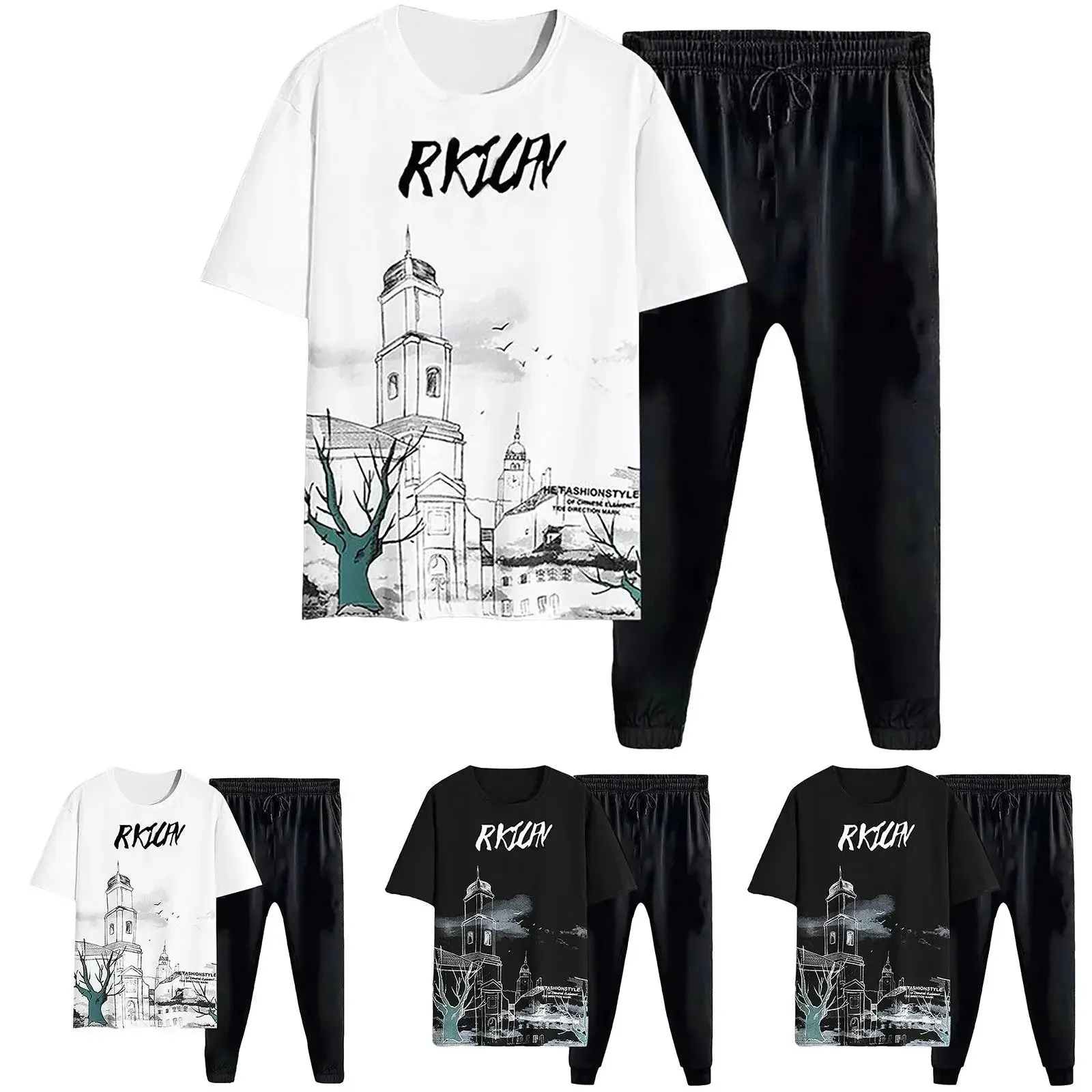 Men's Quick-Dry Sportswear Set, Breathable Short-Sleeve T-Shirt and Lightweight Trousers for Summer Training