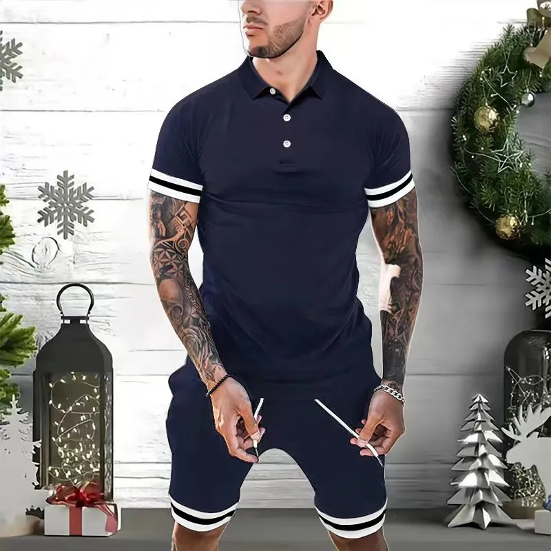 Mens Short Sets 2 Piece Outfits Polo Shirt Fashion Summer