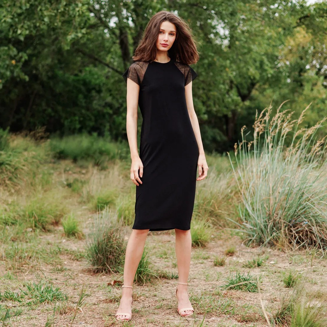 Mesh Cap Sleeve Midi Dress - Black