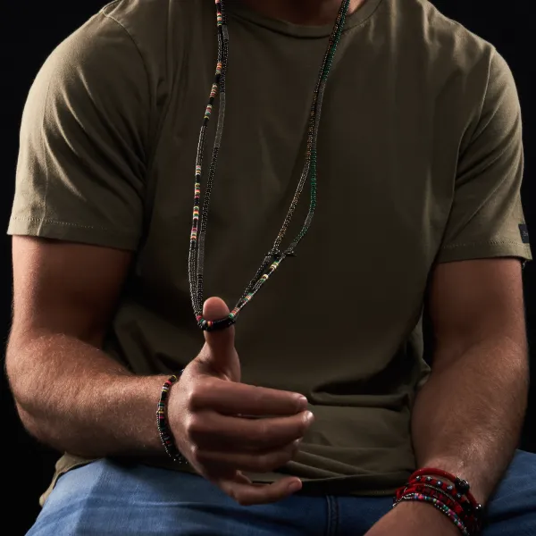 Multicolor Black African Beaded Necklace with Black PVD Beads