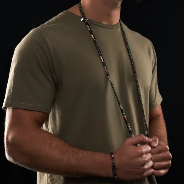 Multicolor Black African Beaded Necklace with Black PVD Beads