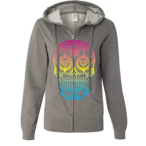 Neon Diamond Eyes Smiling Sugar Skull Ladies Zip-Up Hoodie