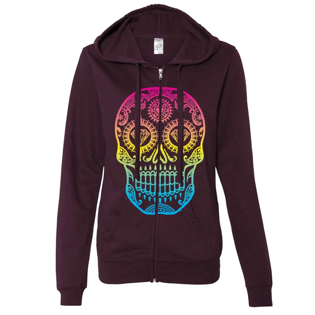 Neon Diamond Eyes Smiling Sugar Skull Ladies Zip-Up Hoodie