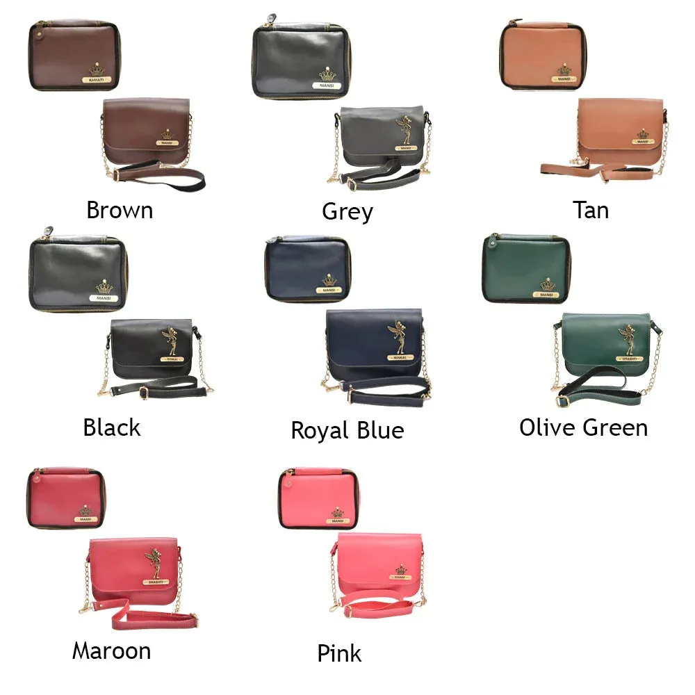 Personalized Mini make up kit   Chained Sling bag - Brown