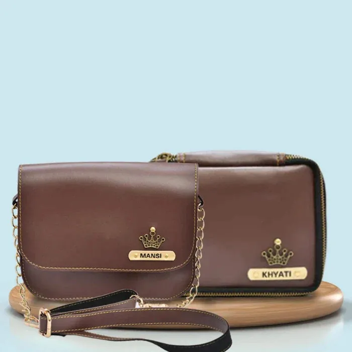 Personalized Mini make up kit   Chained Sling bag - Brown