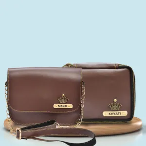 Personalized Mini make up kit   Chained Sling bag - Brown