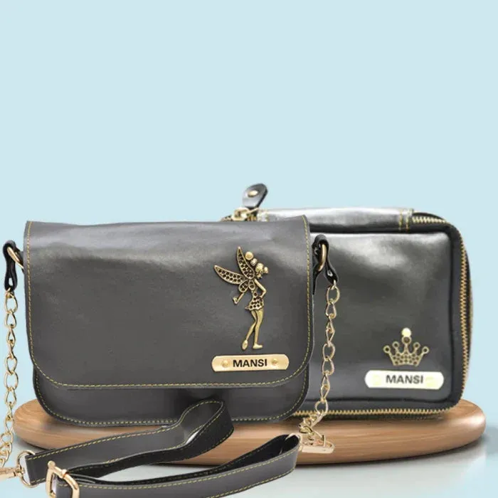 Personalized Mini make up kit   Chained Sling bag - Grey