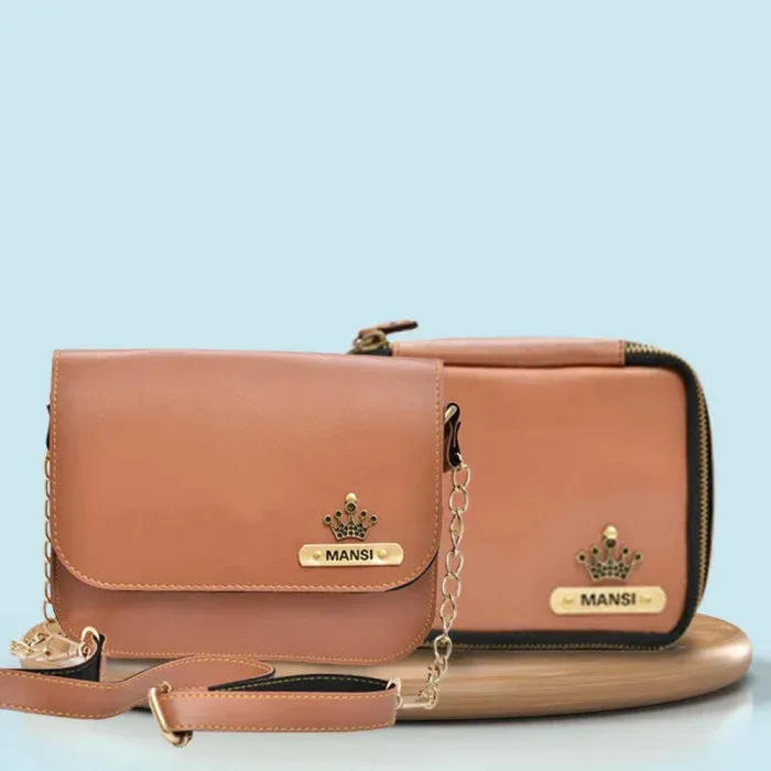 Personalized Mini make up kit   Chained Sling bag - Tan